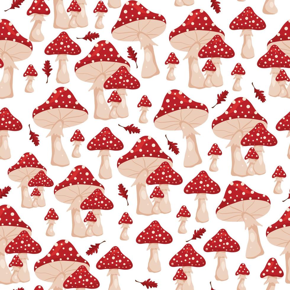 Seamless pattern of poisonous fly agarics and red leaves white background. vector