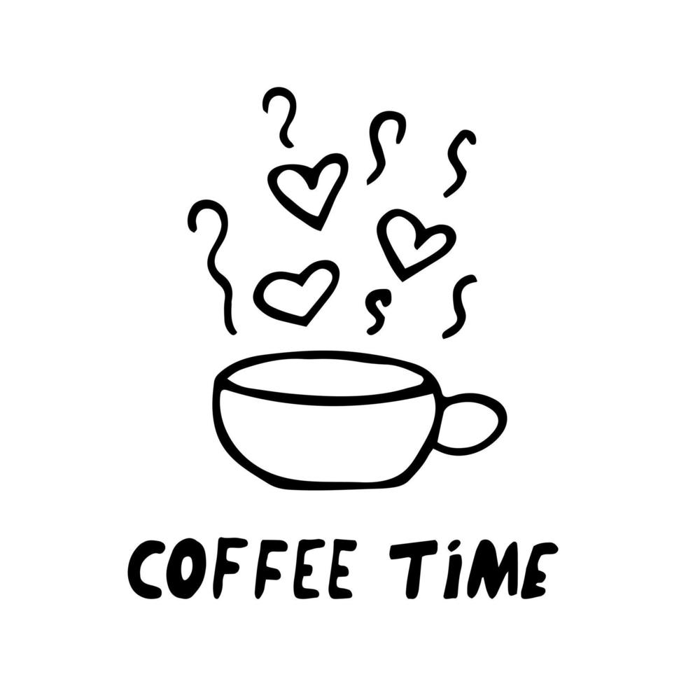 cup, steam and hearts and coffee time text hand drawn in doodle style. poster, sticker. scandinavian, simple, minimalism monochrome vector