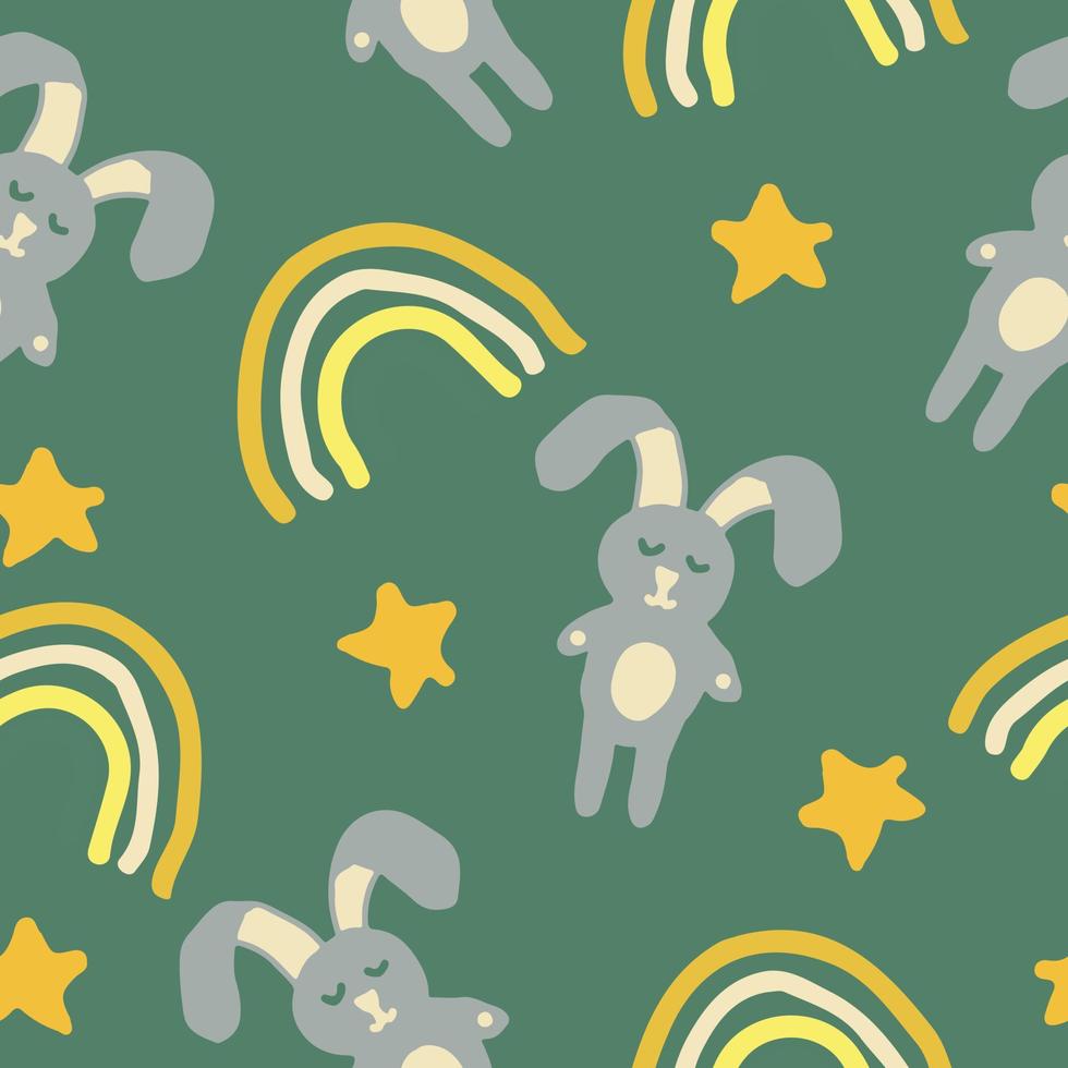 cute rabbit, bunny, Easter, stars and rainbow seamless pattern in trending color. hand drawn. childrens wallpaper, textiles, decor. green, gray, gold yellow vector