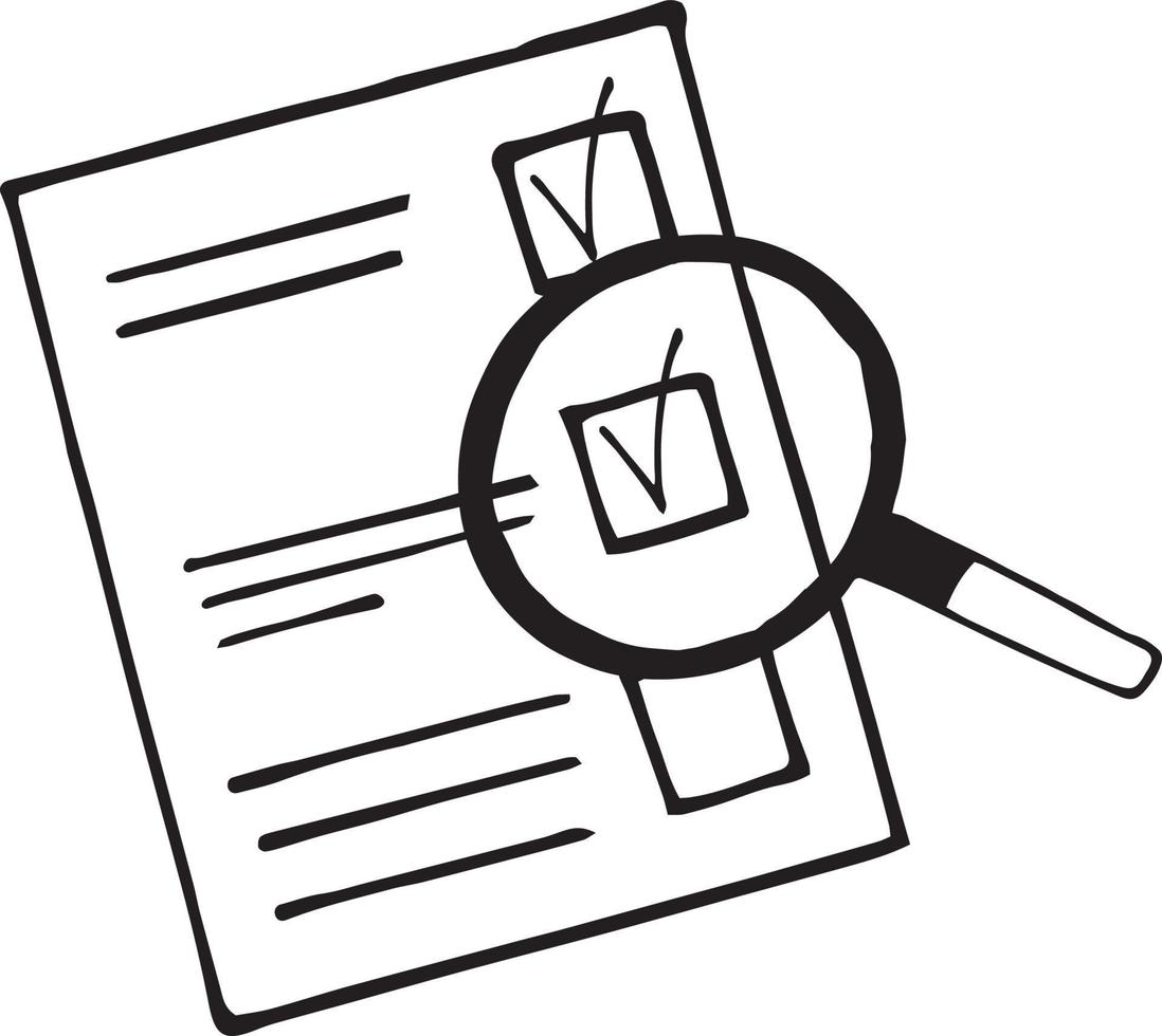 blank with check marks and magnifying glass sketch hand drawn icon concept quality control, goal achievement, sticker, poster, , doodle, scandinavian, monochrome, minimalism vector