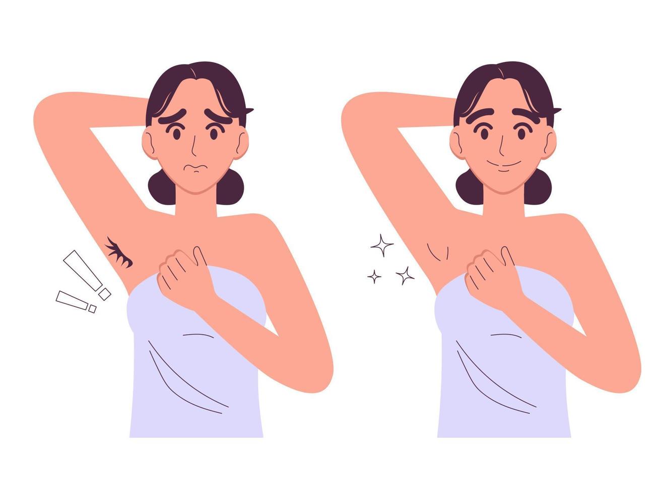 Depilación de axilas antes y después. lindo cuidado del cuerpo de la mujer. ilustración vectorial aislado sobre fondo blanco. vector