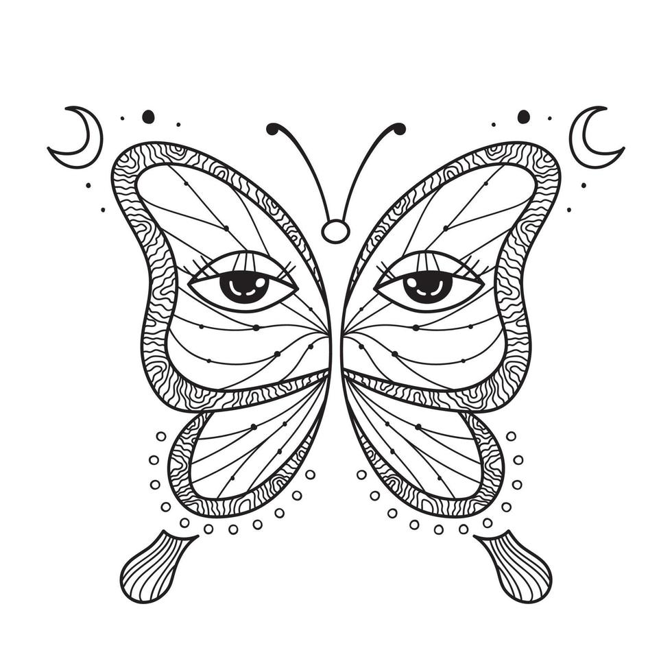 Hand drawn butterfly with eye on wings. Abstract mystic sign. Black linear shape. For design, tattoo or magic craft. Vector illustration isolated on white background.