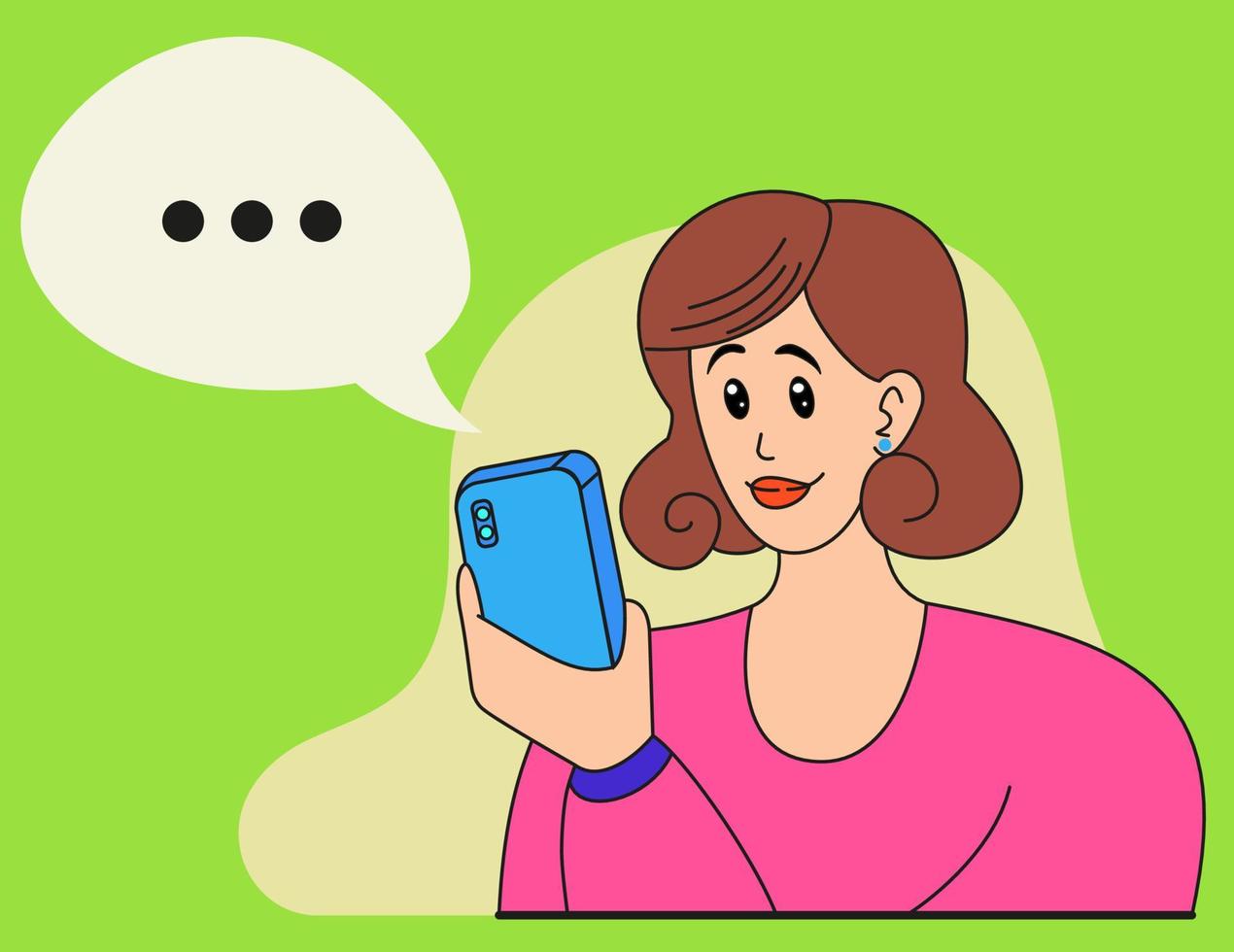 Woman looks into the phone. Girl is typing a message on the phone. Vector illustration.