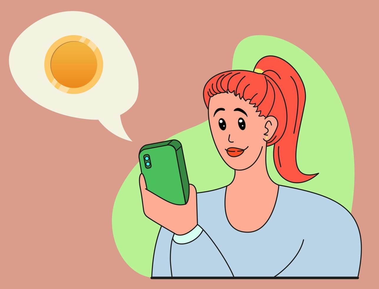 Woman looks into the phone. Girl got notification of crediting money to the account. Online bank. Vector illustration.