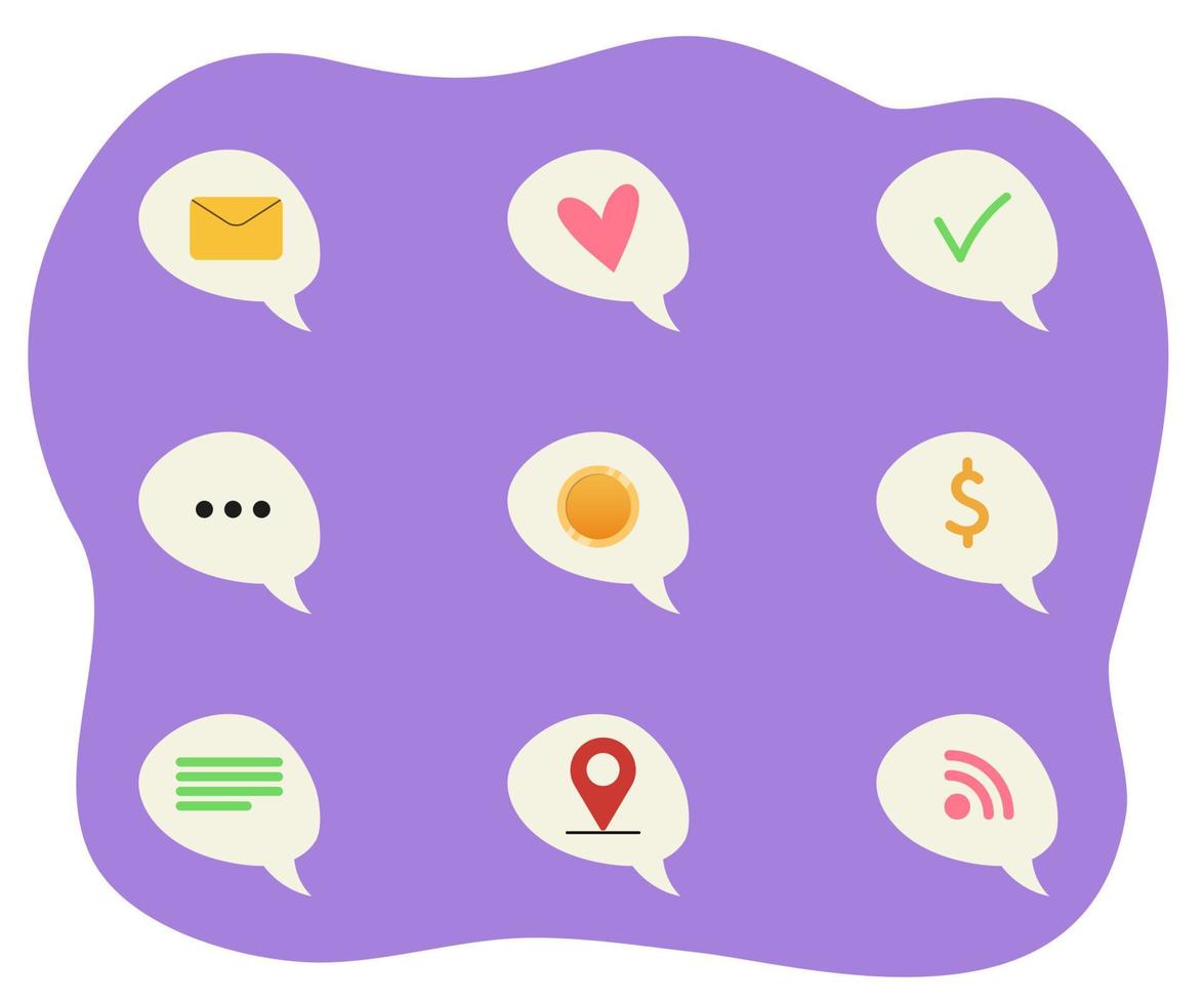 Colorful icons in bubbles. Design elements for conversations. Vector illustration.