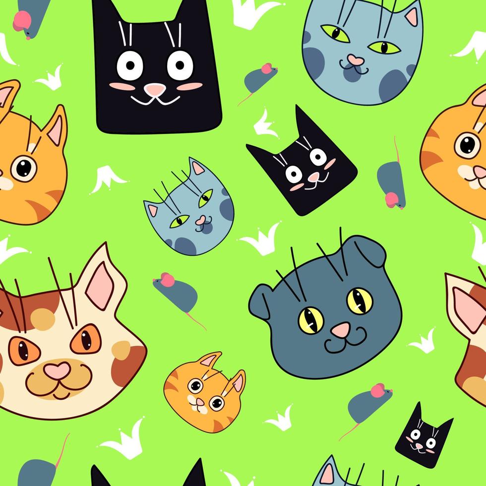 Seamless pattern with funny cats. Cartoon style. Vector on green background.