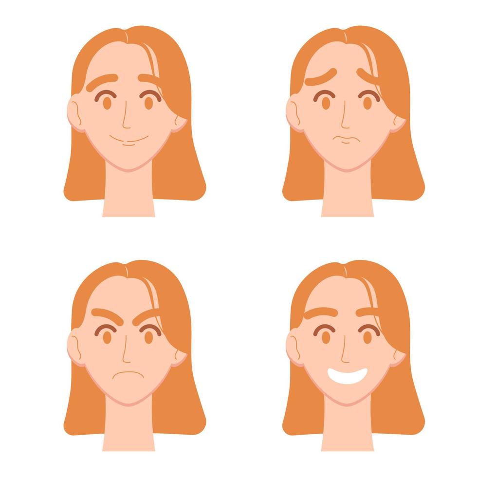 conjunto de emociones de la mujer. expresión facial. cabeza de mujer chica con avatar de pelo rojo. ilustración vectorial de un diseño plano aislado sobre fondo blanco. vector