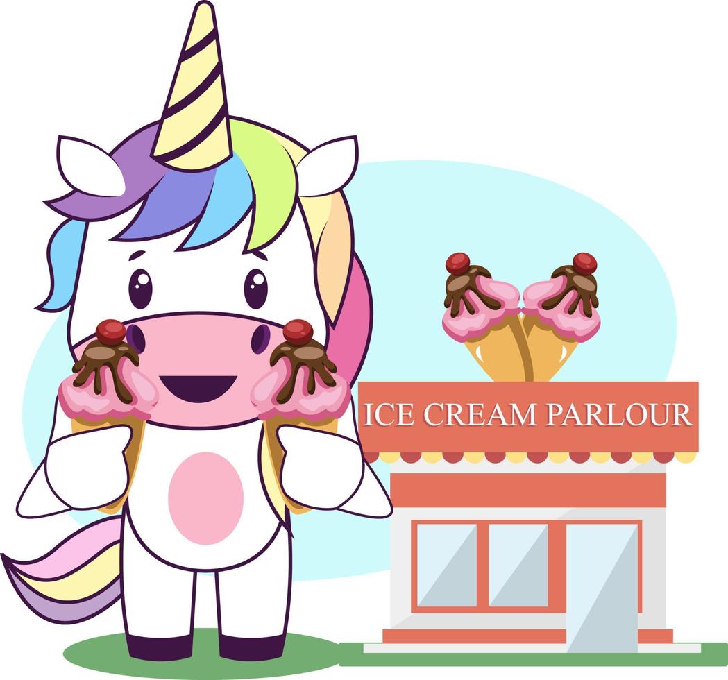 Unicorn with ice cream, illustration, vector on white background.