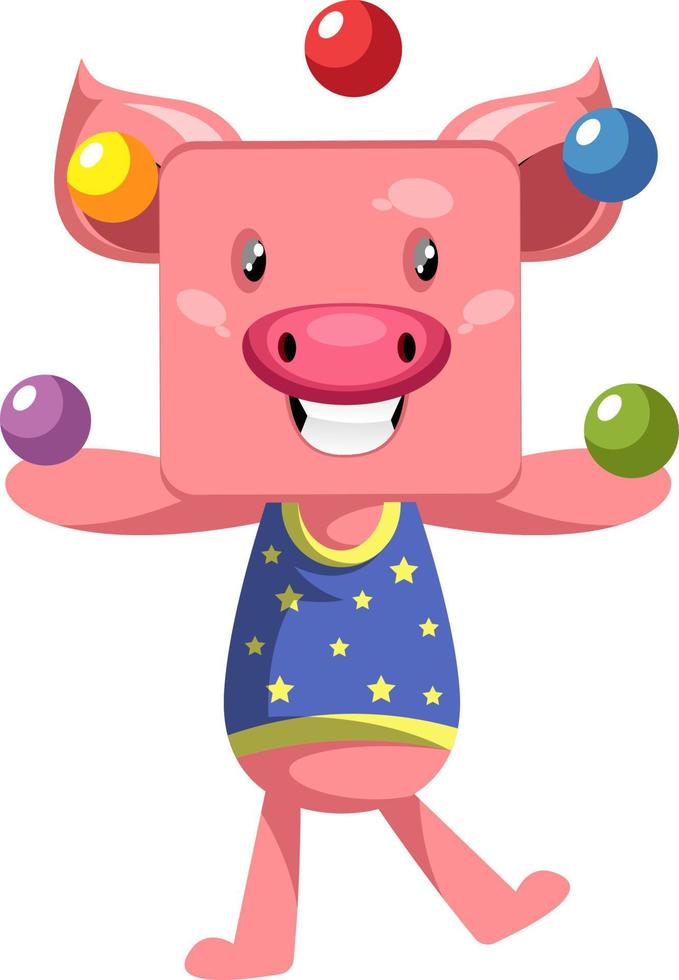 Pig juggling, illustration, vector on white background.