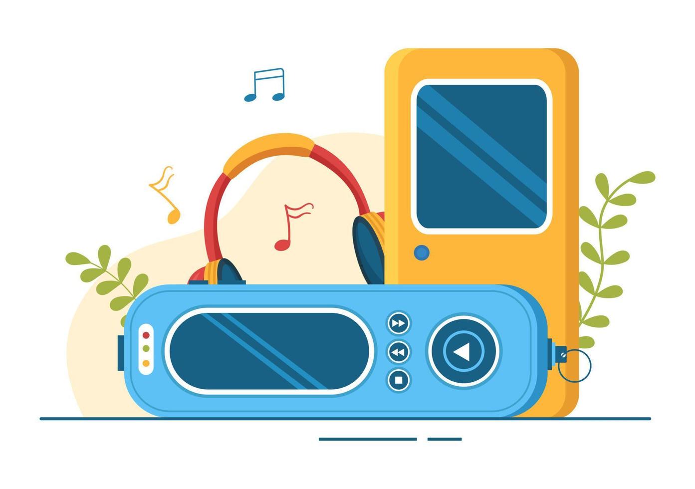 reproductor de mp3 con auriculares, auriculares y teléfono de dispositivos para escuchar música en la aplicación móvil en la ilustración de plantillas dibujadas a mano de dibujos animados planos vector