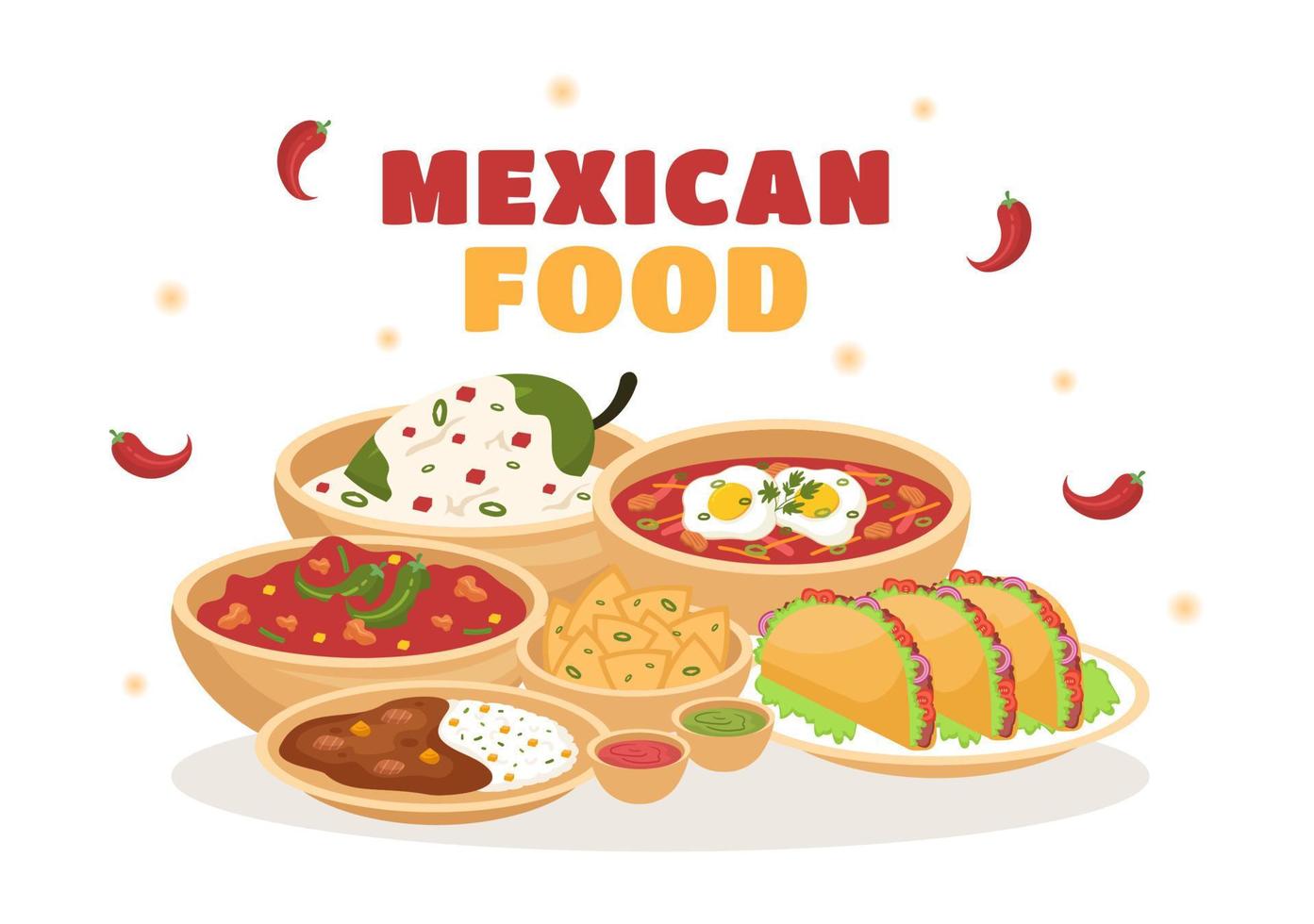 restaurante de comida mexicana con varios deliciosos tacos de cocina tradicional, nachos y otros en dibujos animados planos dibujados a mano ilustración de plantillas vector