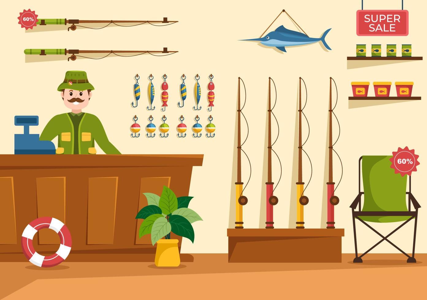 Fishing Shop Selling Various Fishery Equipment, Bait, Fish Catching Accessories or Items on Flat Cartoon Hand Drawn Templates Illustration vector