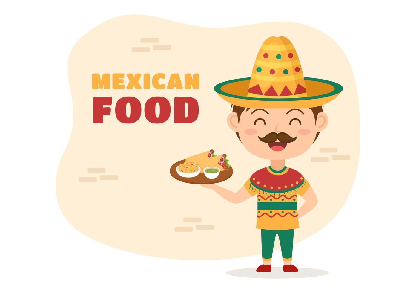 restaurante de comida mexicana con varios deliciosos tacos de cocina tradicional, nachos y otros en dibujos animados planos dibujados a mano ilustración de plantillas vector