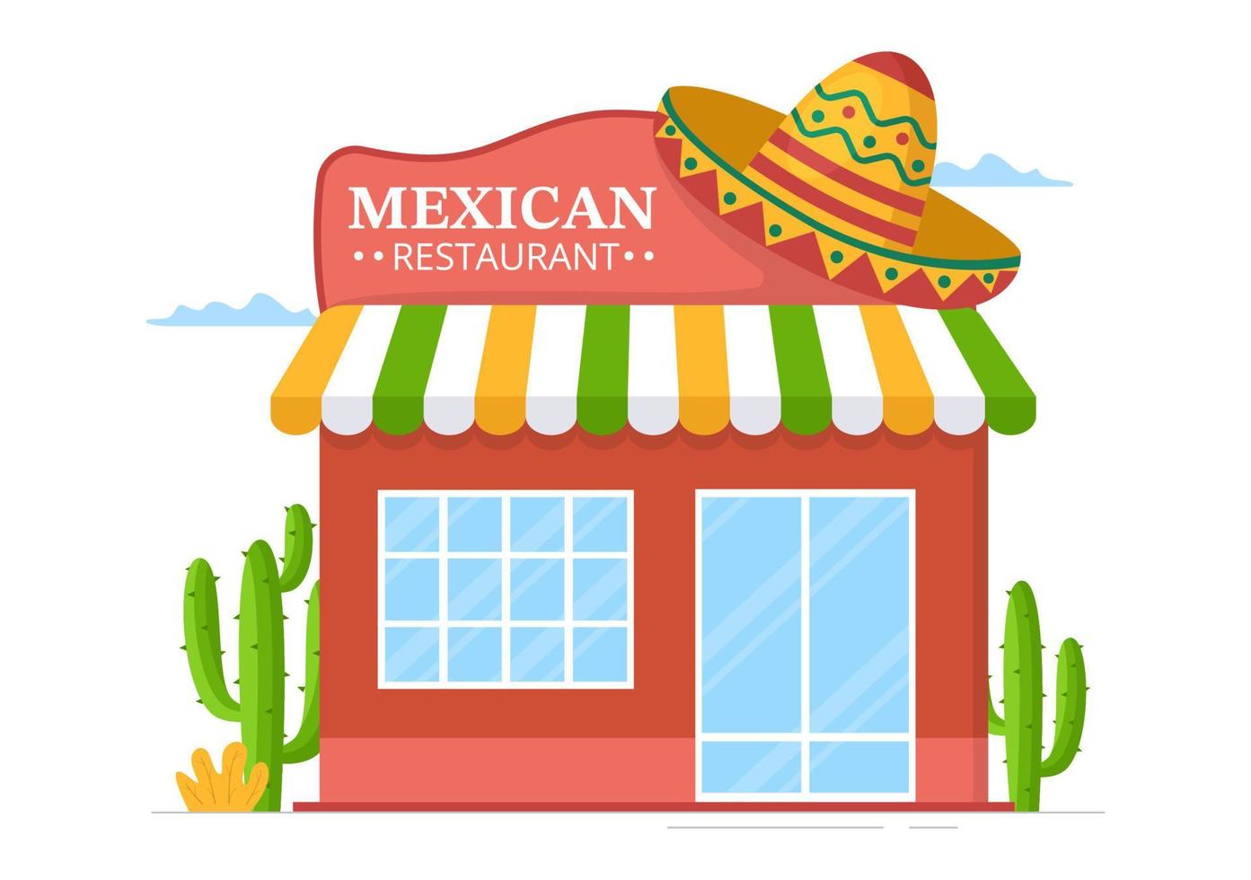 restaurante de comida mexicana con varios deliciosos tacos de cocina tradicional, nachos y otros en dibujos animados planos dibujados a mano ilustración de plantillas vector