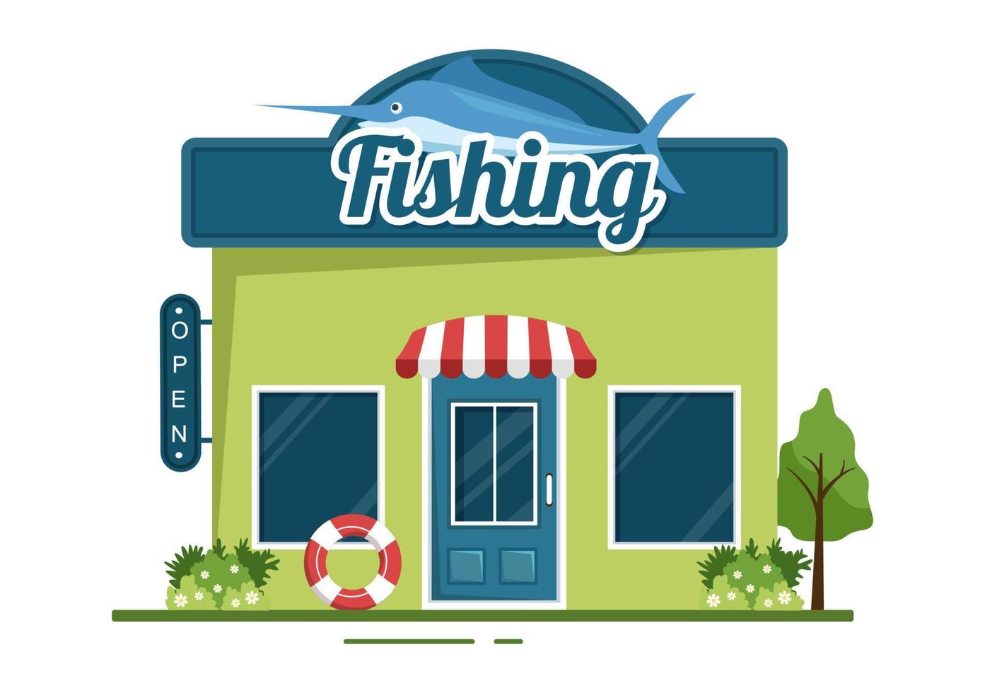 tienda de pesca que vende varios equipos de pesca, cebos, accesorios para la captura de peces o artículos en dibujos animados planos dibujados a mano ilustración de plantillas vector