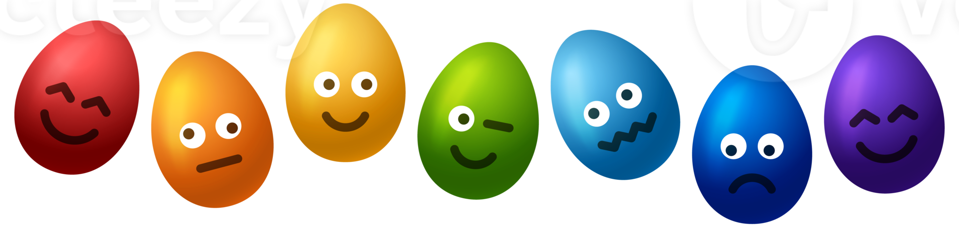 Set of falling rainbow easter eggs with emojis. Realistic 3d egg character png