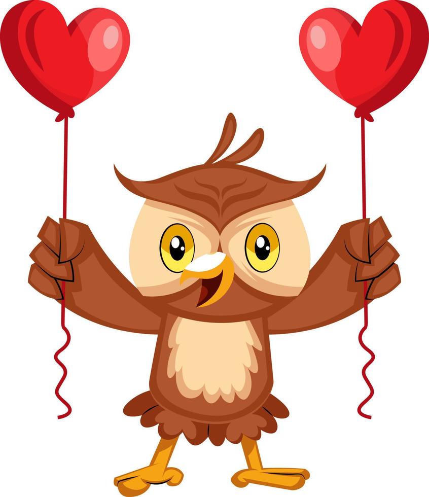 Owl with heart balloons, illustration, vector on white background.