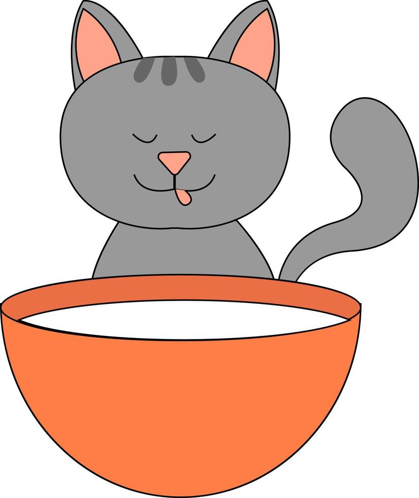 Kitty bebiendo leche, ilustración, vector sobre fondo blanco.