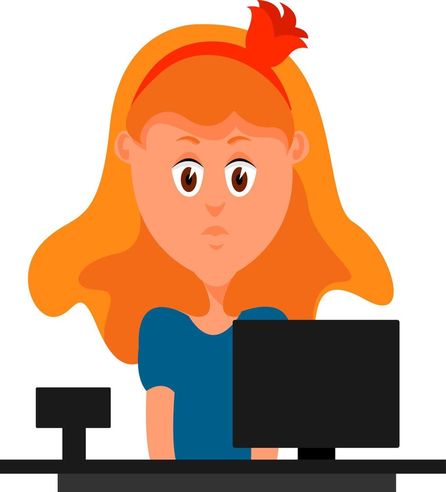 Girl working on pc, illustration, vector on white background.