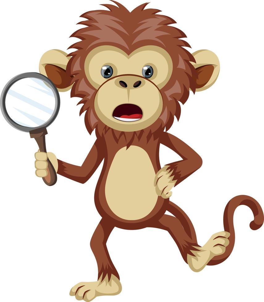 Monkey with magnifying glass, illustration, vector on white background.