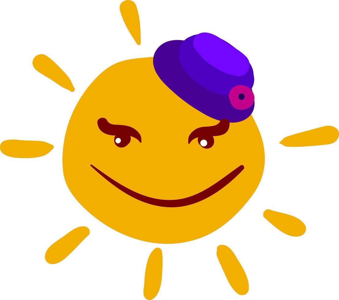 Sun with woman hat, illustration, vector on white background.