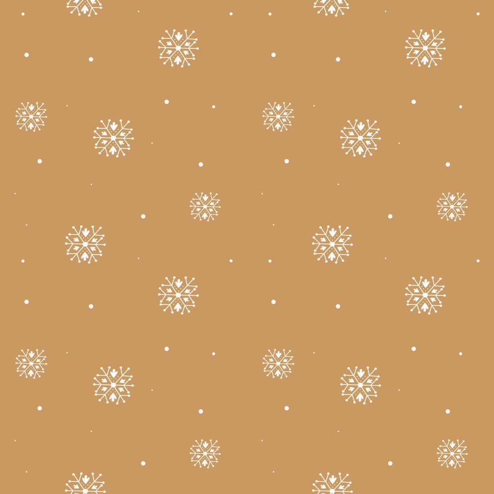 Snowflake simple seamless pattern. white snow on golden background. Abstract wallpaper, wrapping decoration. Symbol of winter, Merry Christmas holiday, Happy New Year celebration Vector illustration.