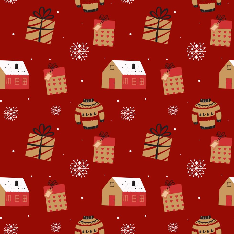 Seamless Christmas vector with Santa Claus, gifts, snowflakes and gifts red background.