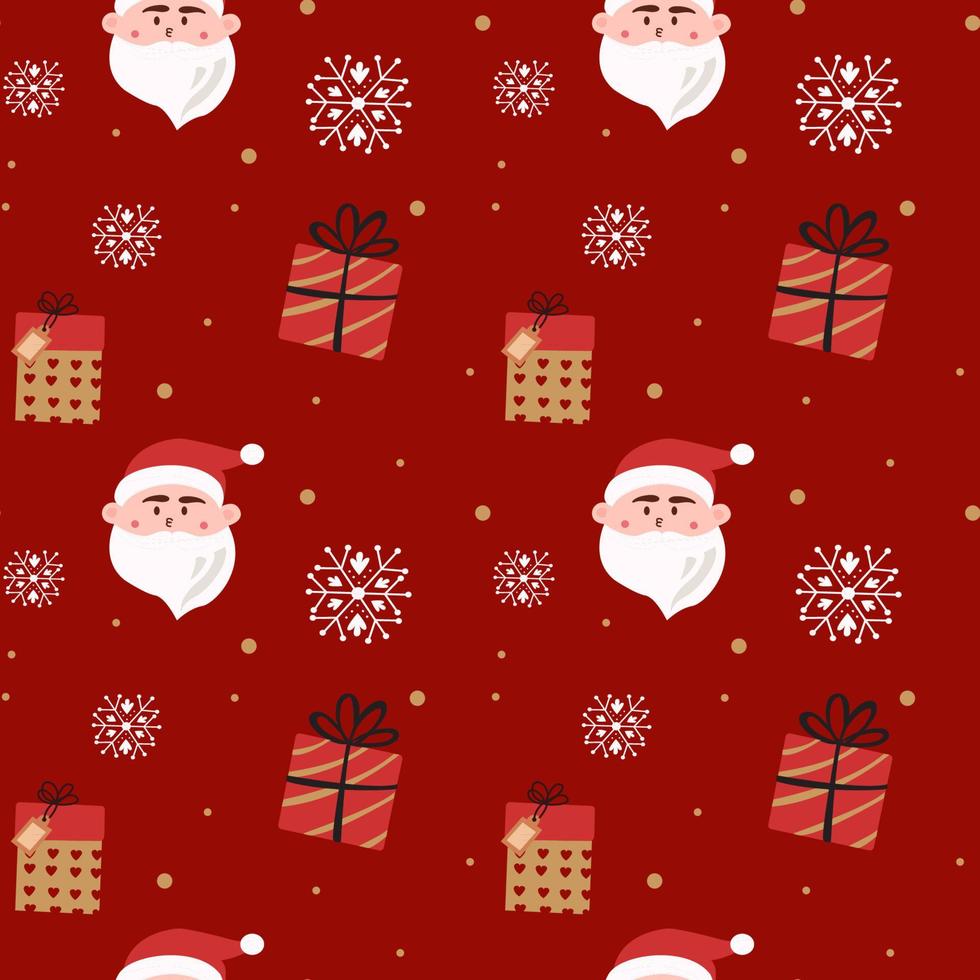 Seamless Christmas vector with Santa Claus, gifts, snowflakes and gifts red background.