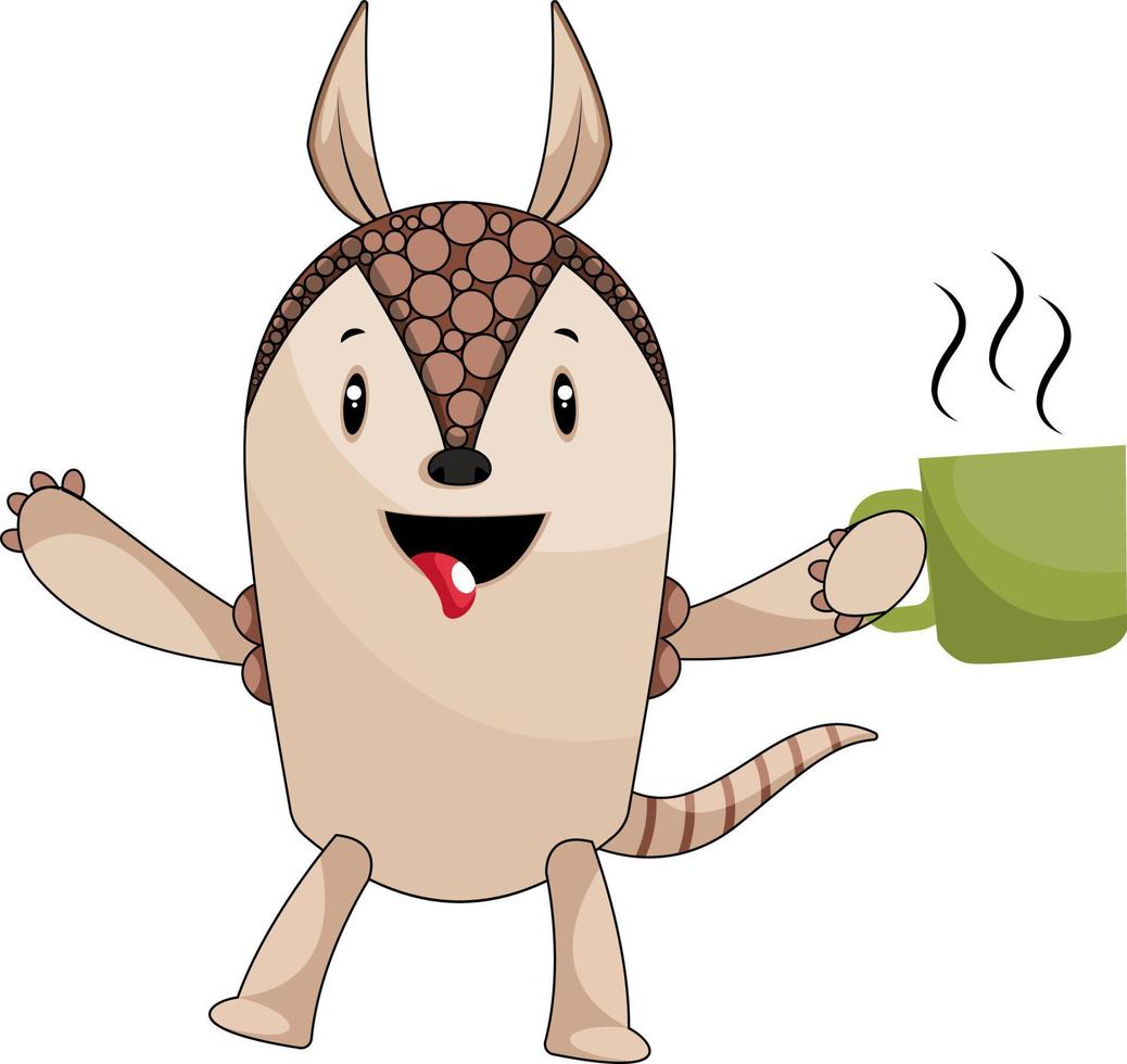 Armadillo with coffee, illustration, vector on white background.