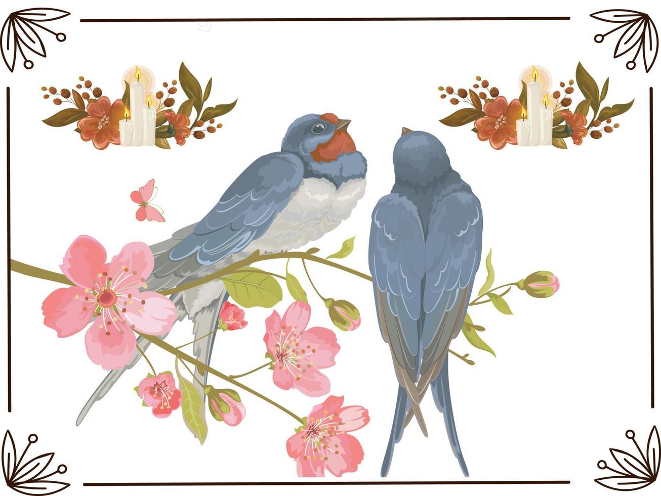 romantic birds on tree vector