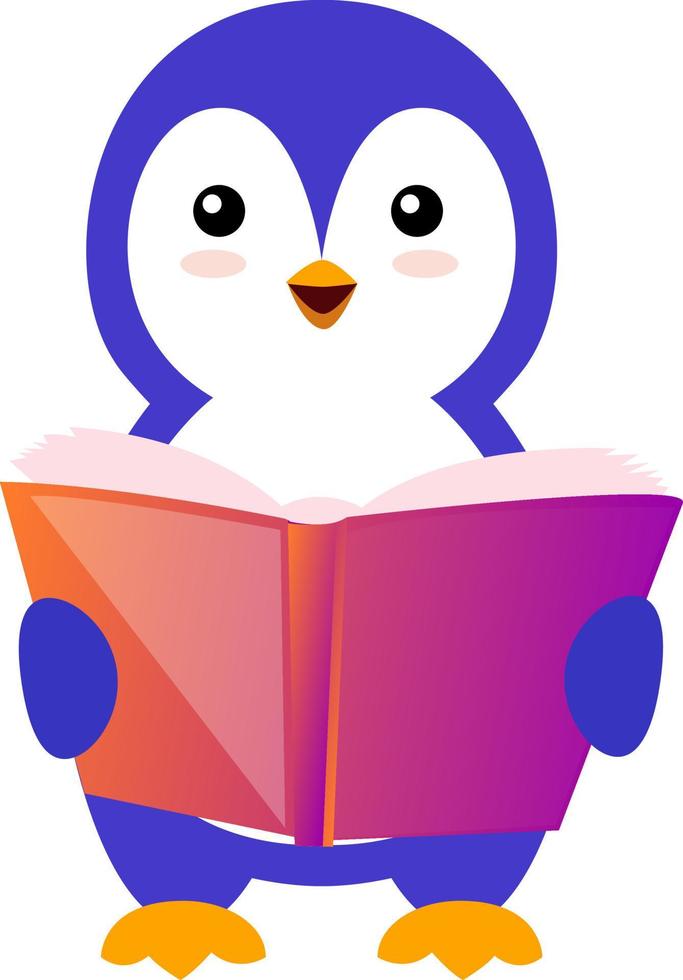Penguin reading book, illustration, vector on white background.