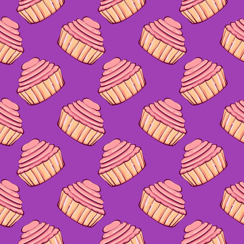 Pink cupcake , seamless pattern on a purple background. vector