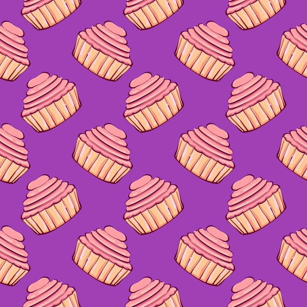 cupcake rosa, patrón sin costuras sobre un fondo morado. vector