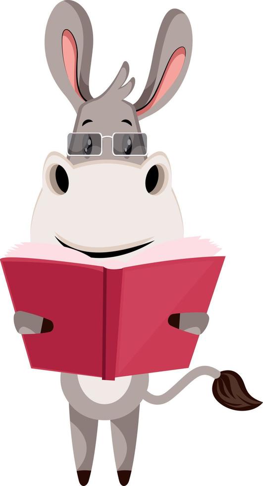 Donkey with book, illustration, vector on white background.