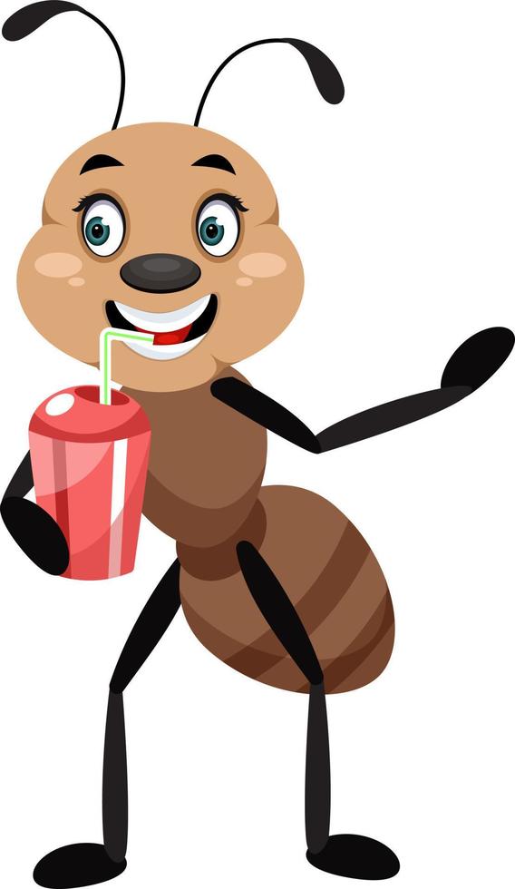 Ant drinking soda, illustration, vector on white background.