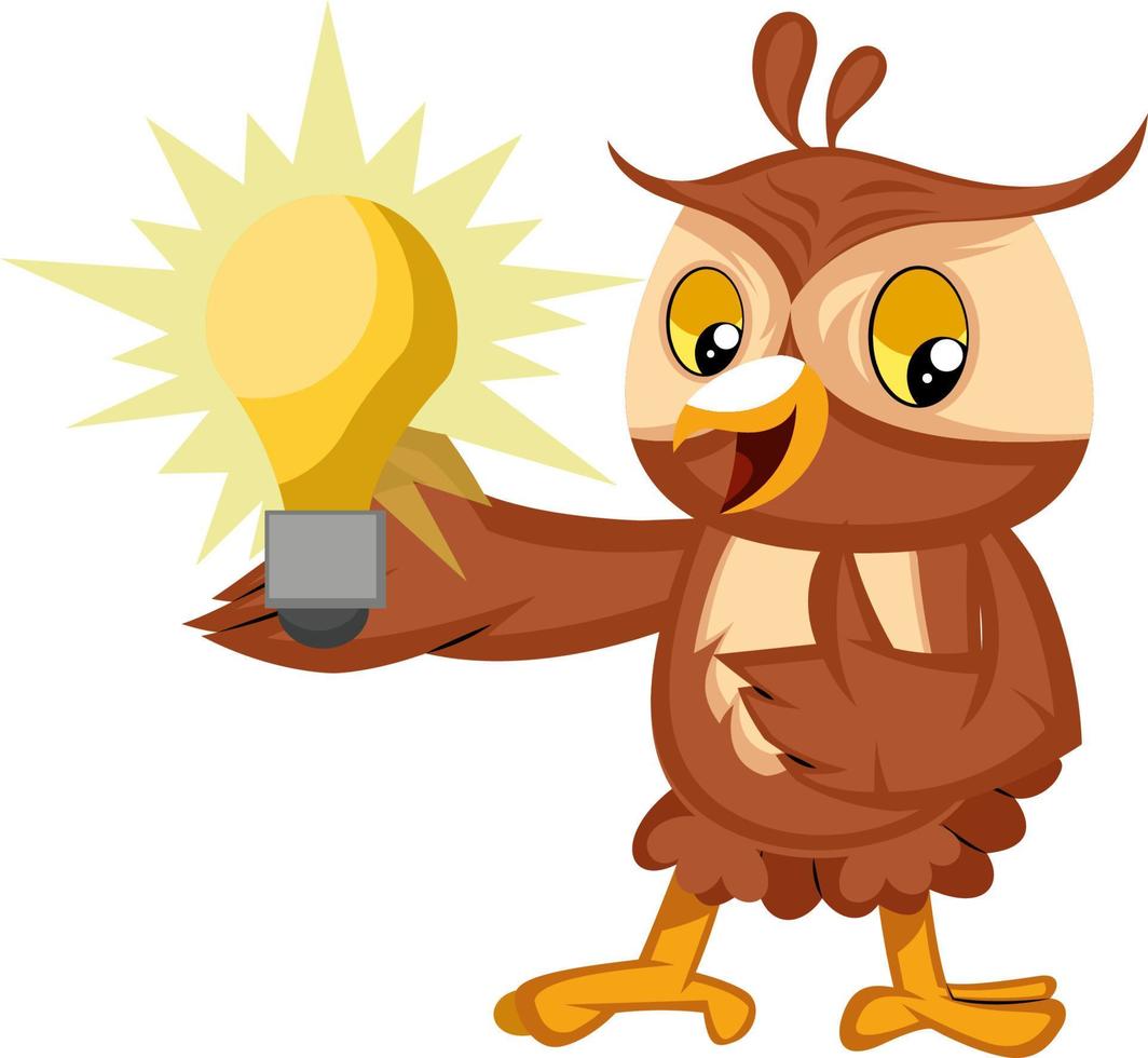 Owl with lightbulb, illustration, vector on white background.