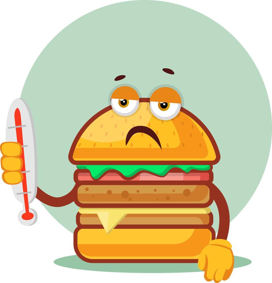Burger sostiene un termómetro que muestra temperatura caliente, ilustración, vector sobre fondo blanco.
