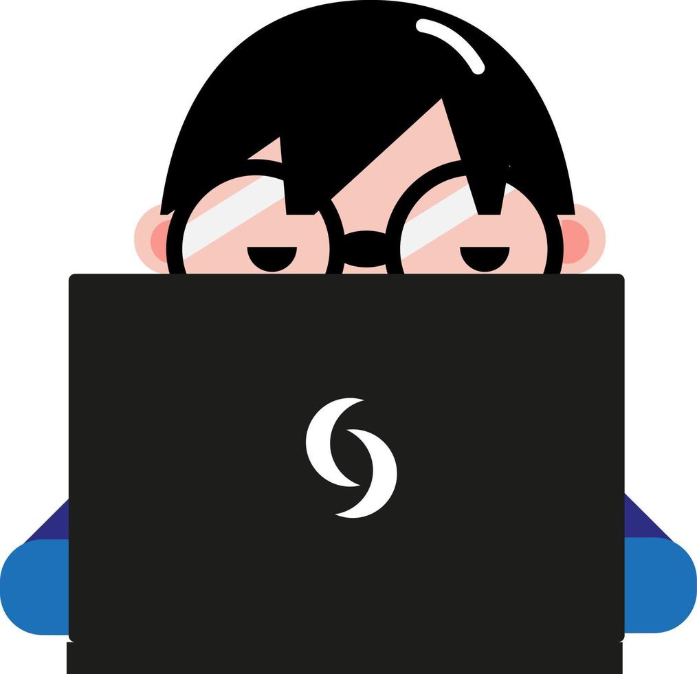 Black haired boy with black laptop, illustration, vector on a white background.