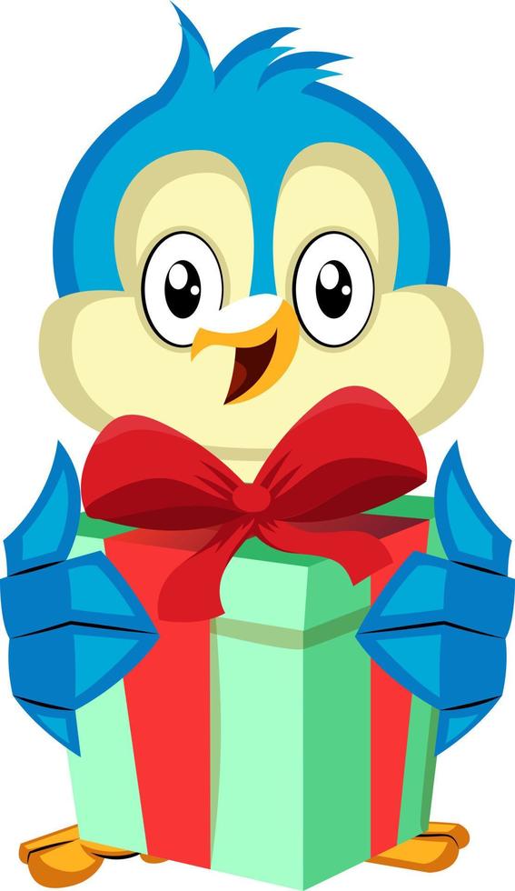 Blue bird holds a present, illustration, vector on white background.