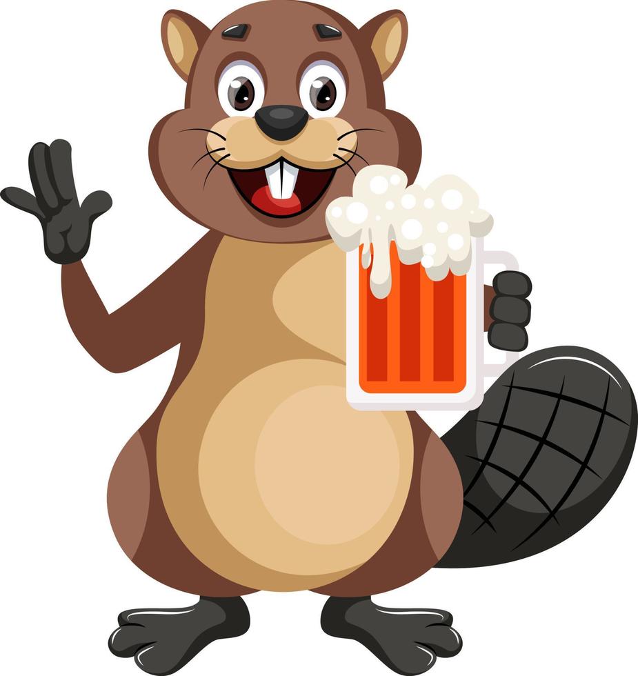 Beaver holding beer, illustration, vector on white background.