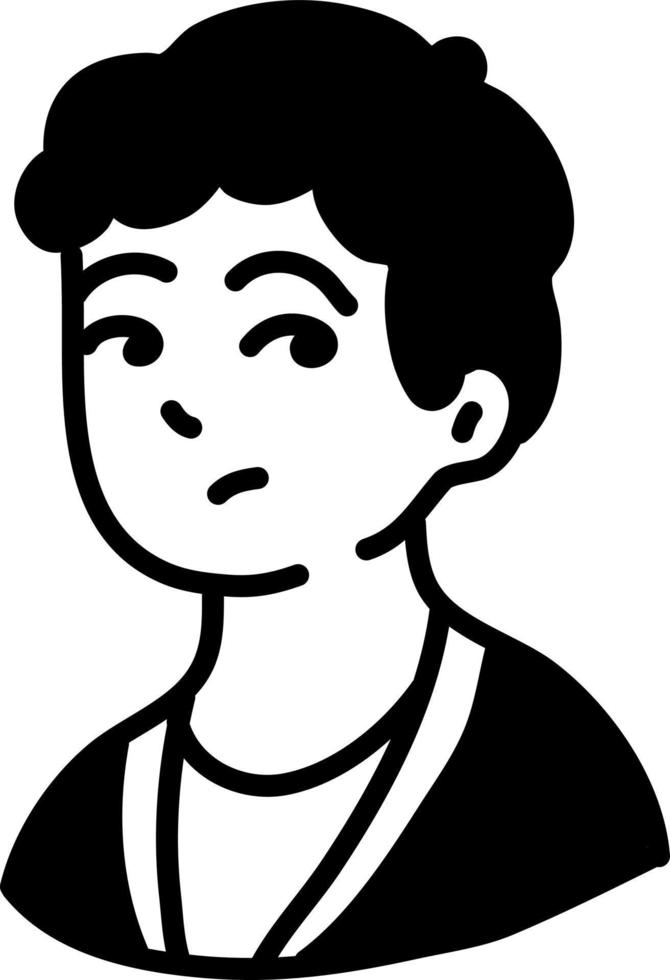 Dark haired boy in a black shirt, icon illustration, vector on white background