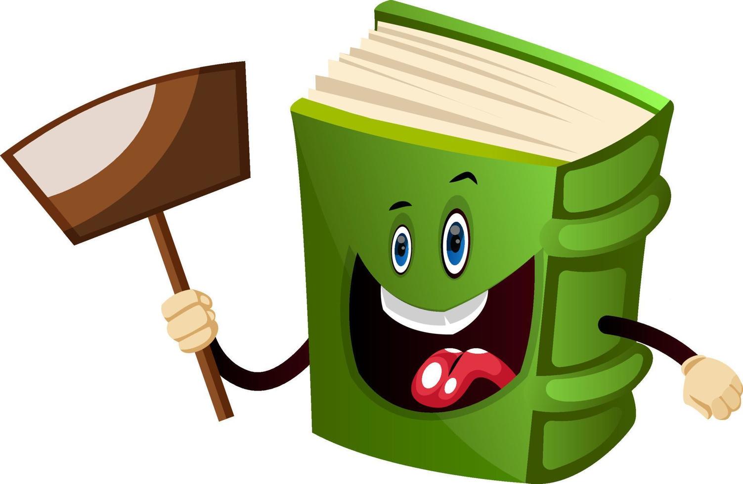 Cartoon book character is holding transparent sign, illustration, vector on white background.