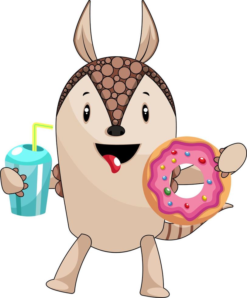 armadillo con donut, ilustración, vector sobre fondo blanco.