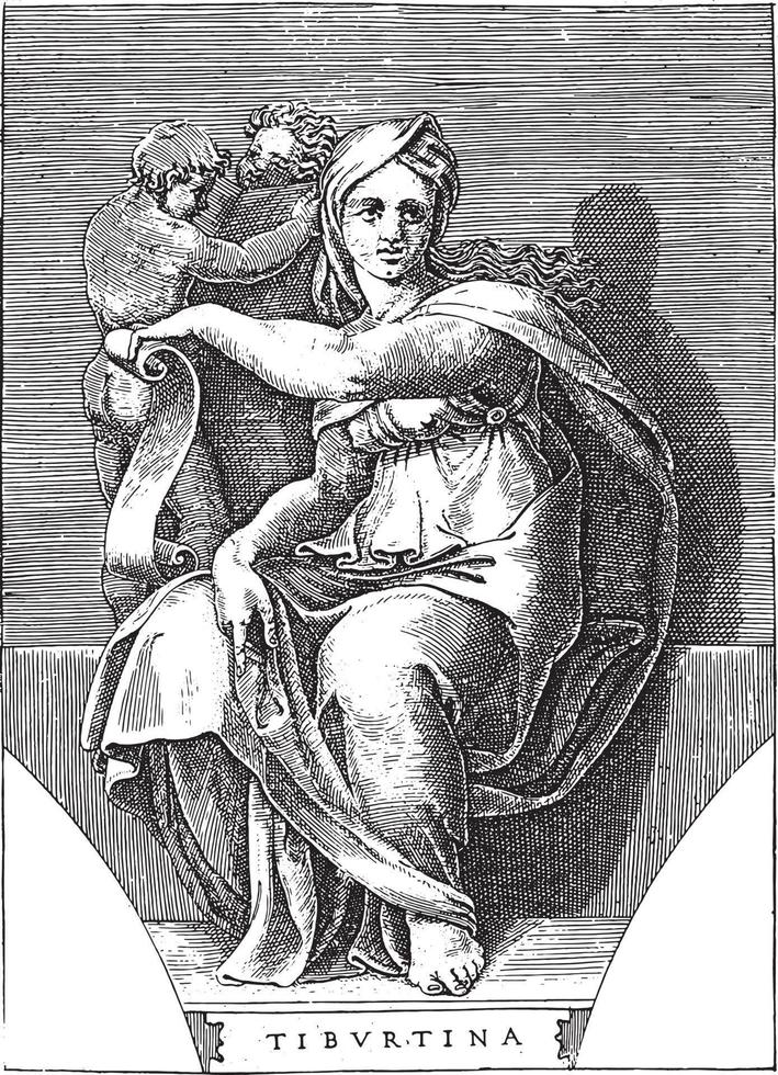 Tiburtine Sibyl, Adamo Scultori, after Michelangelo, 1585, vintage illustration. vector