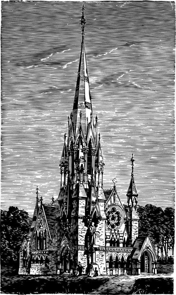 Memorial Church or grace at the center of Harvard Yard vintage engraving. vector