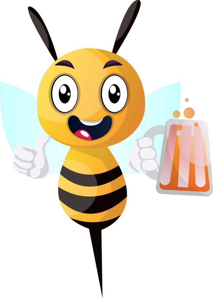 Bee holding a drink, bee holding a  beer, illustration, vector on white background.
