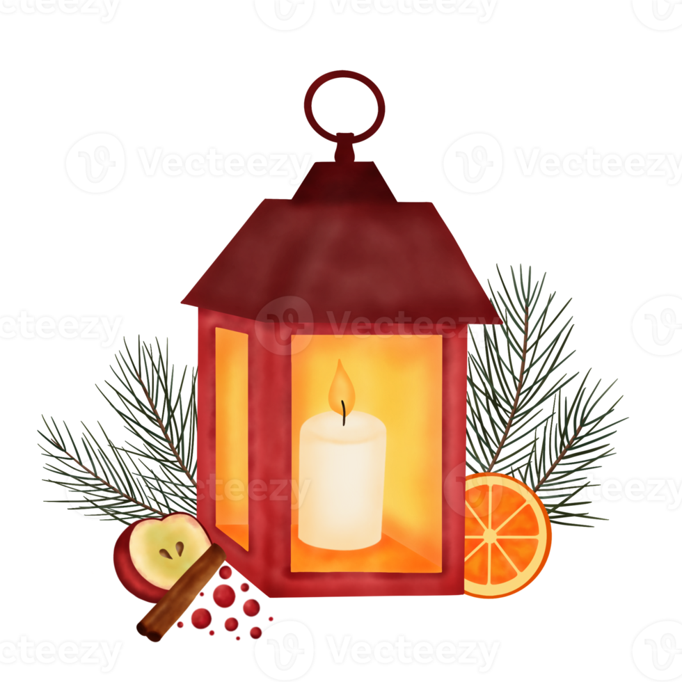 lanterne de noël avec orange, pomme, cannelle, branches de pin et baies. png