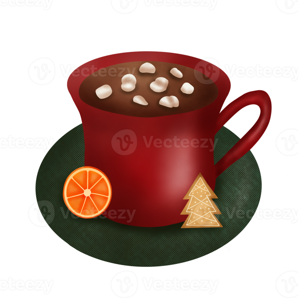 Hot chocolate on a green plate. beverage illustration. Christmas element. png