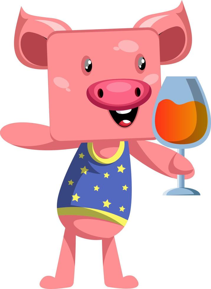 Pig with wine, illustration, vector on white background.
