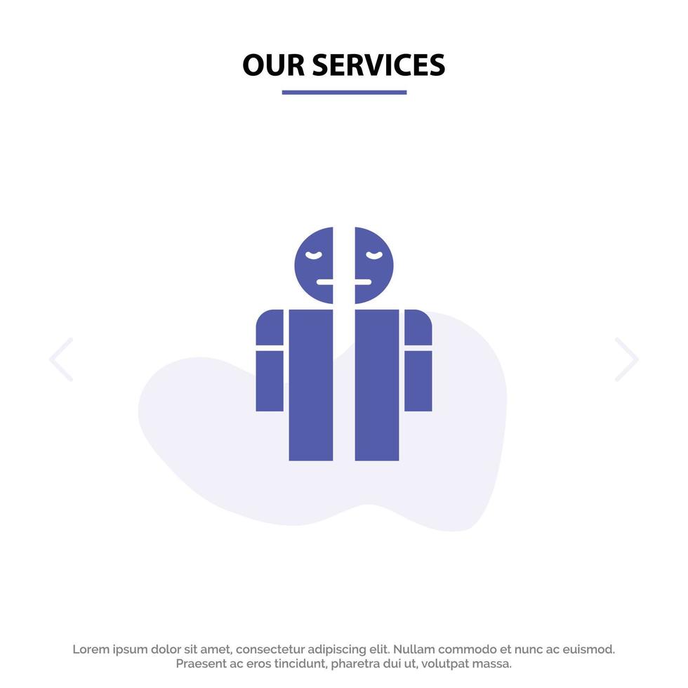Our Services Man Broken Broken Medical Human Solid Glyph Icon Web card Template vector